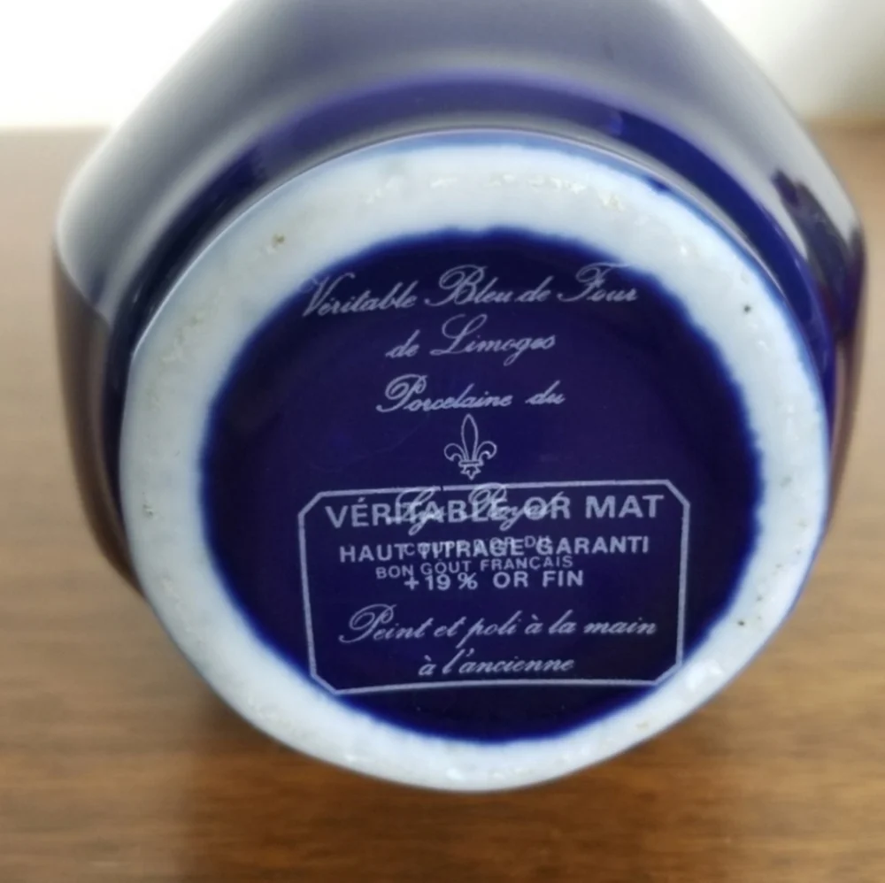Bleu de Four Limoges Hand Painted Small Faceted Gold Rimmed Porcelain Vase